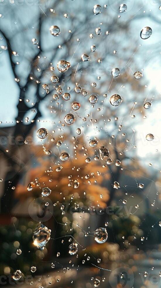 AI Generated Glistening raindrops on a spider web photo