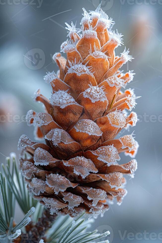 AI Generated Macro shot of frost on a pine cone photo