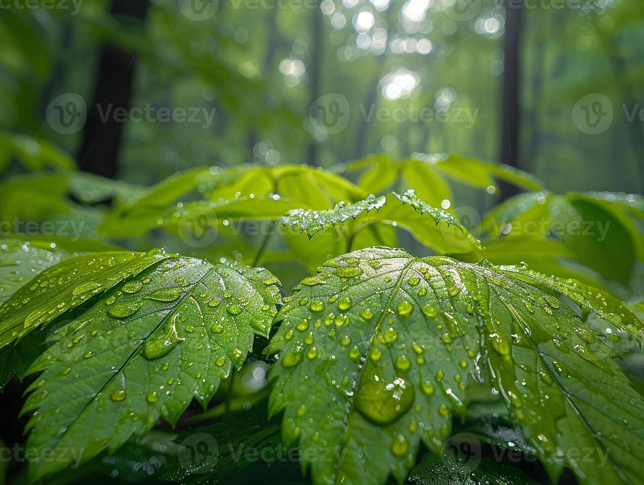 AI Generated Glossy rain-soaked leaves in a forest photo