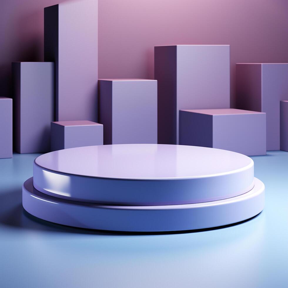 AI generated Bright violet interior scene with round pedestal and light of the window photo