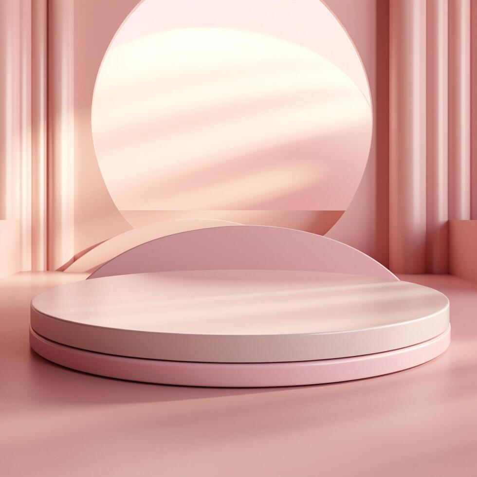 AI generated Abstract pastel 3D room with realistic cream cylinder pedestal podium set and palm leaf shadow overlay photo