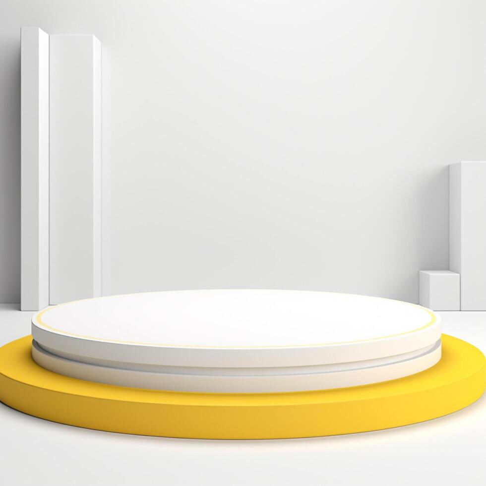 AI generated 3d rendering white podium round geometry with grey on the yellow background for product display mockup background or modern graphic resource template photo