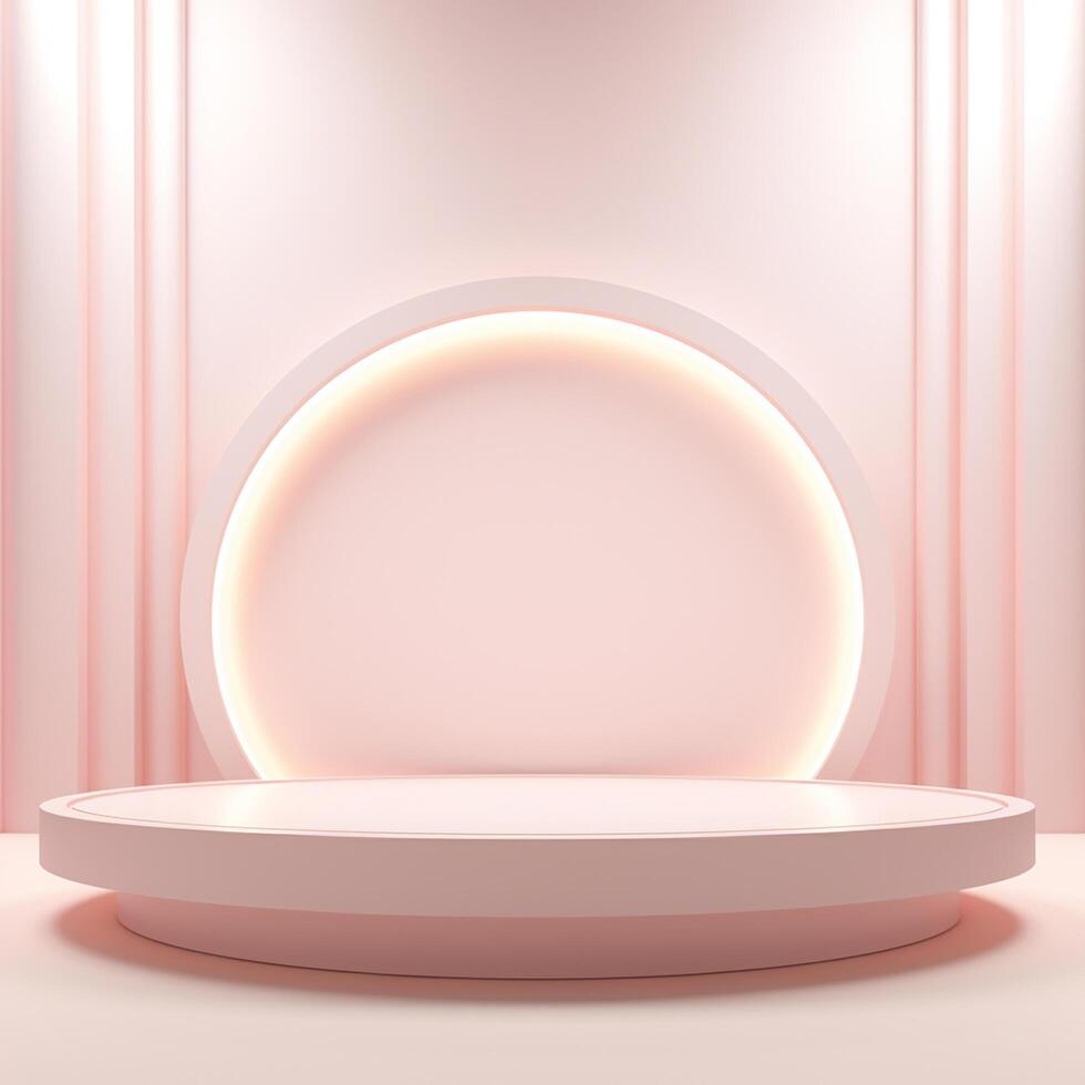 AI generated Abstract pastel 3D room with realistic cream cylinder pedestal podium set and palm leaf shadow overlay photo