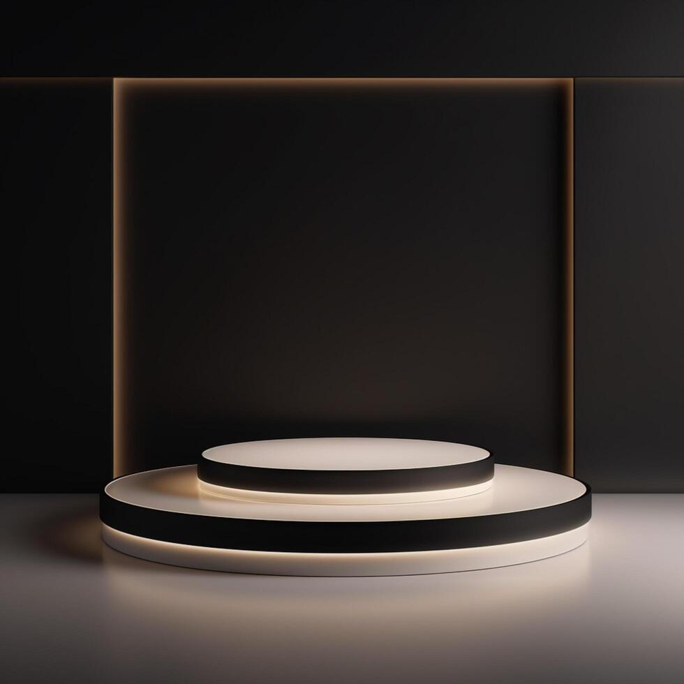 AI generated black cylinder podiums with golden line circle on dark background, geometric, round realistic pedestal, cosmetic showcase, template, copy space, advertising, product display, photo