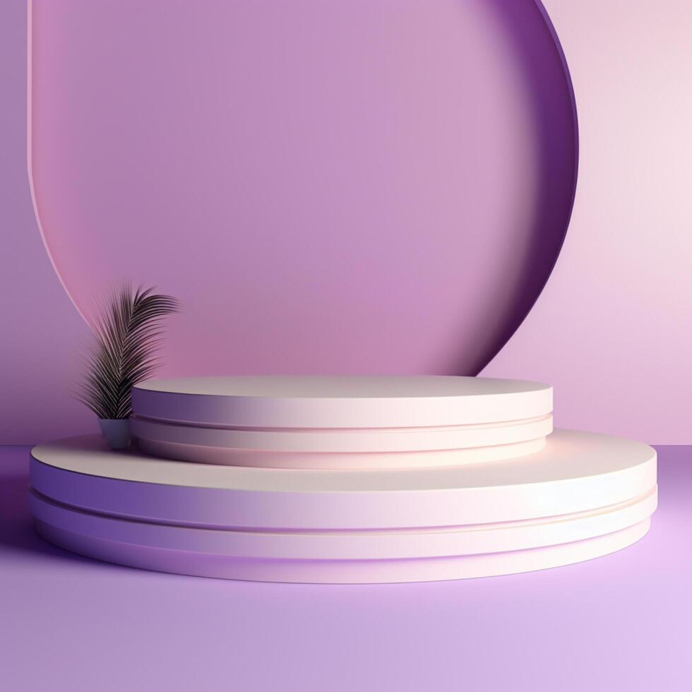 AI generated Bright violet interior scene with round pedestal and light of the window photo