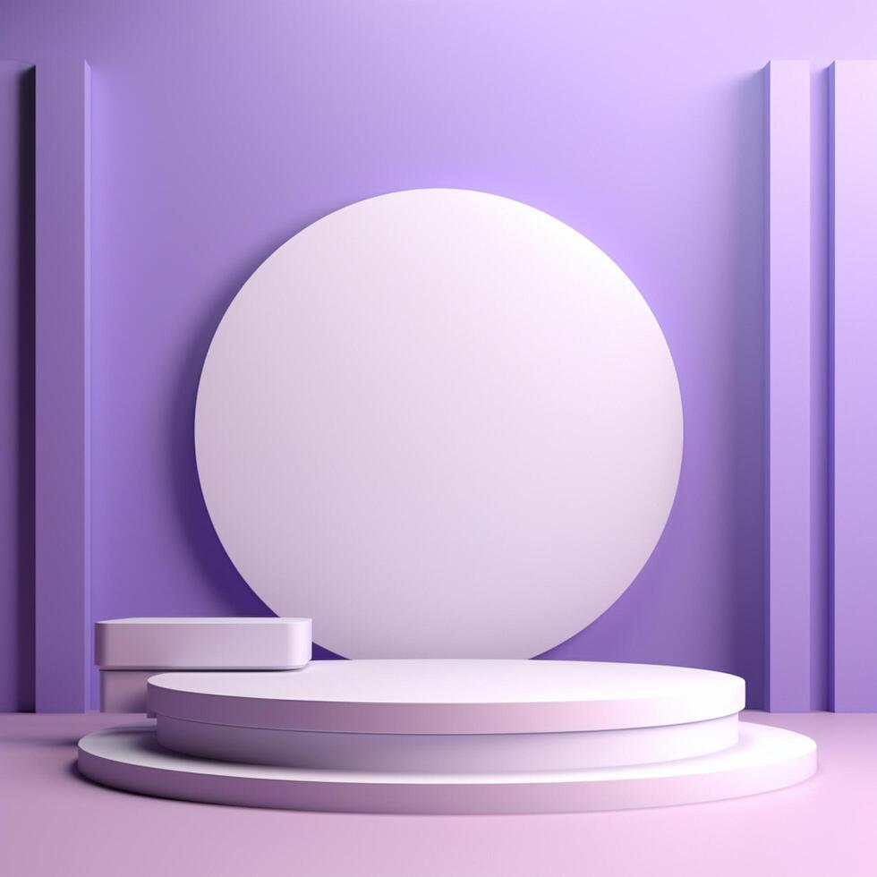 AI generated Bright violet interior scene with round pedestal and light of the window photo