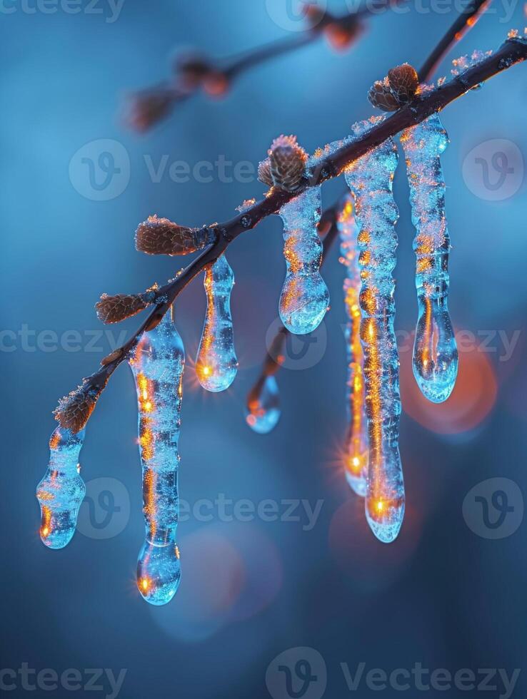 AI Generated Frozen icicles hanging from a branch photo