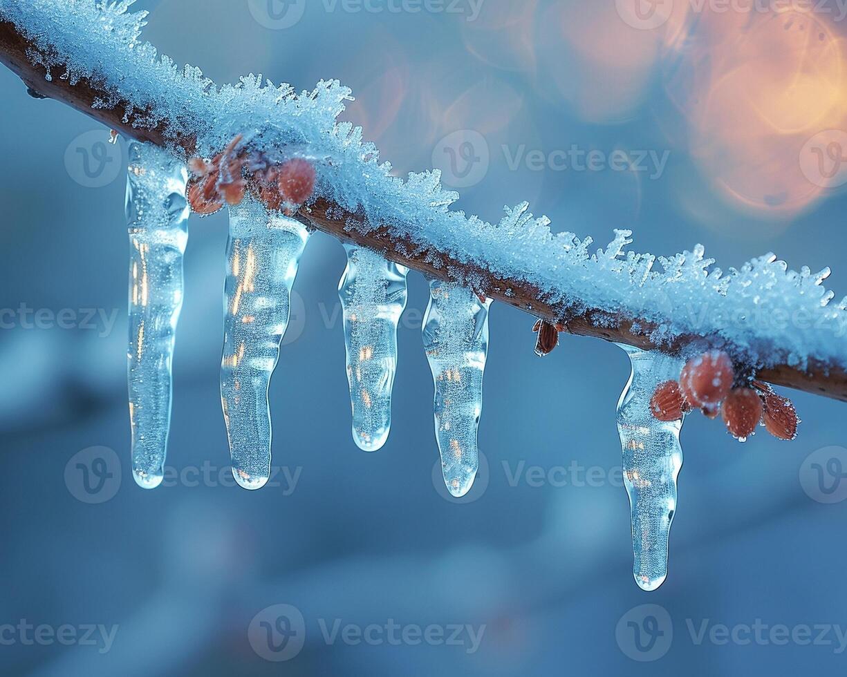 AI Generated Frozen icicles hanging from a branch photo