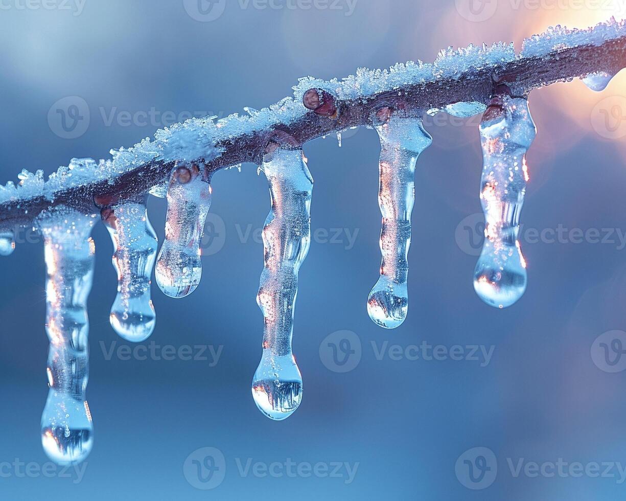 AI Generated Frozen icicles hanging from a branch photo