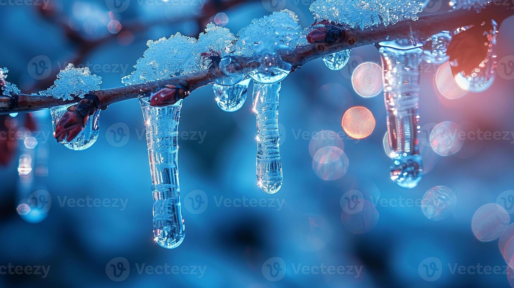 AI Generated Frozen icicles hanging from a branch photo