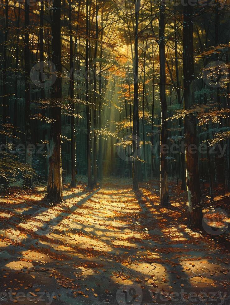AI Generated Shadows cast by a forest canopy on a woodland floor photo