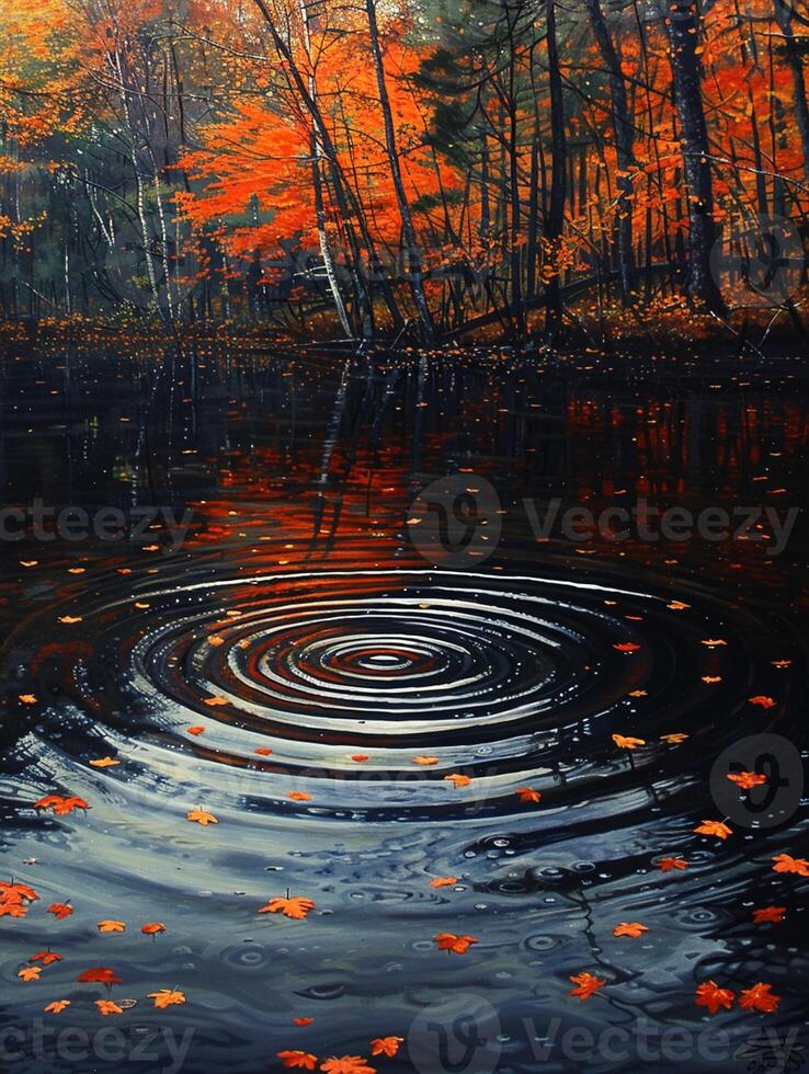 AI Generated Ripples on a serene pond surface touched by falling autumn leaves photo