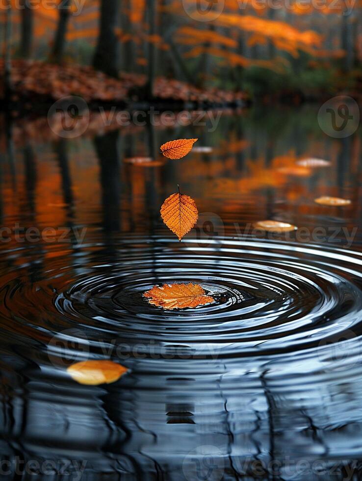 AI Generated Ripples on a serene pond surface touched by falling autumn leaves photo