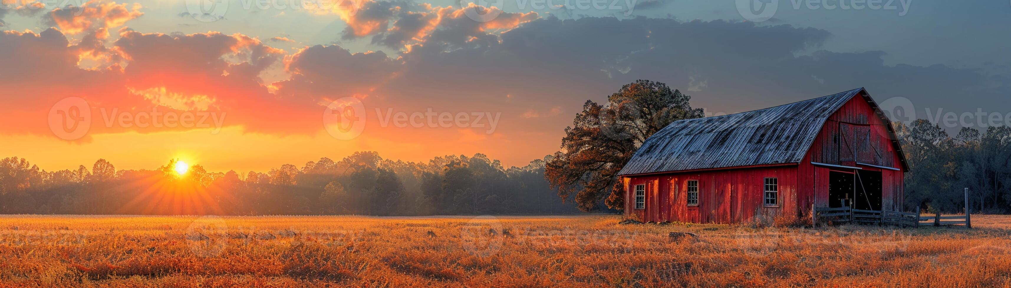 ai generado rústico granero en un dorado campo a puesta de sol foto