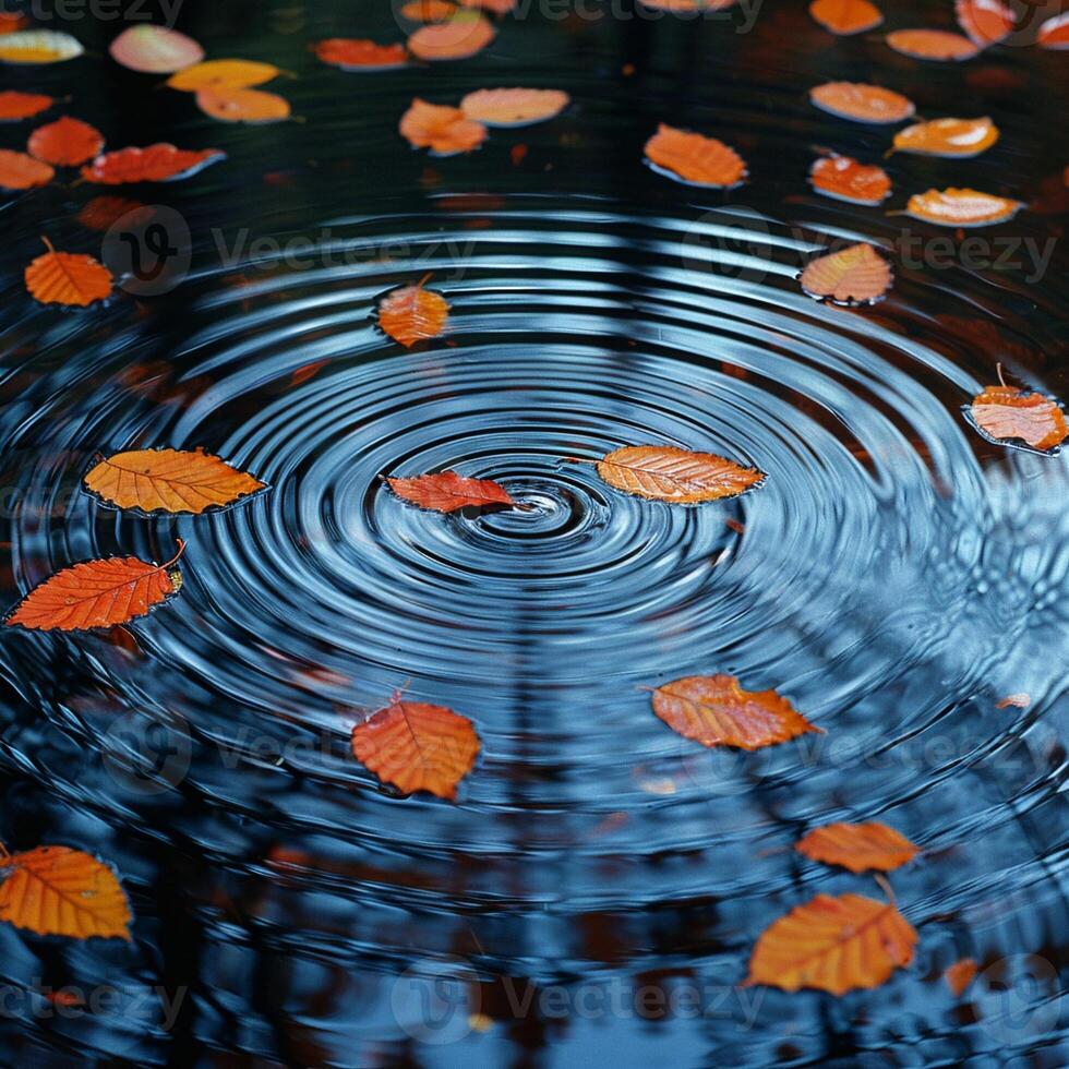 AI Generated Ripples on a serene pond surface touched by falling autumn leaves photo