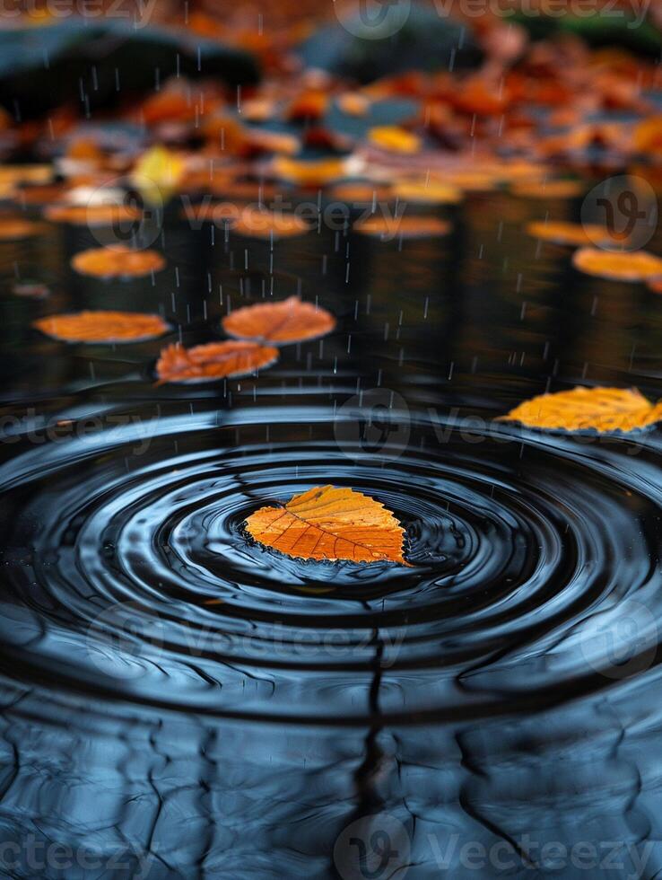 AI Generated Ripples on a serene pond surface touched by falling autumn leaves photo