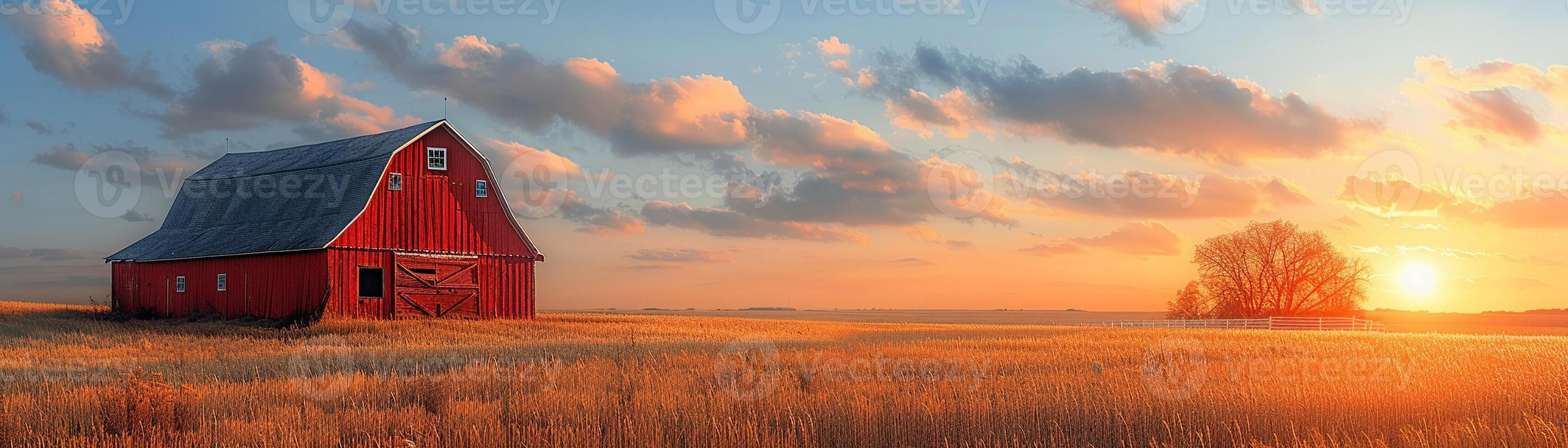 AI Generated Rustic barn in a golden field at sunset photo