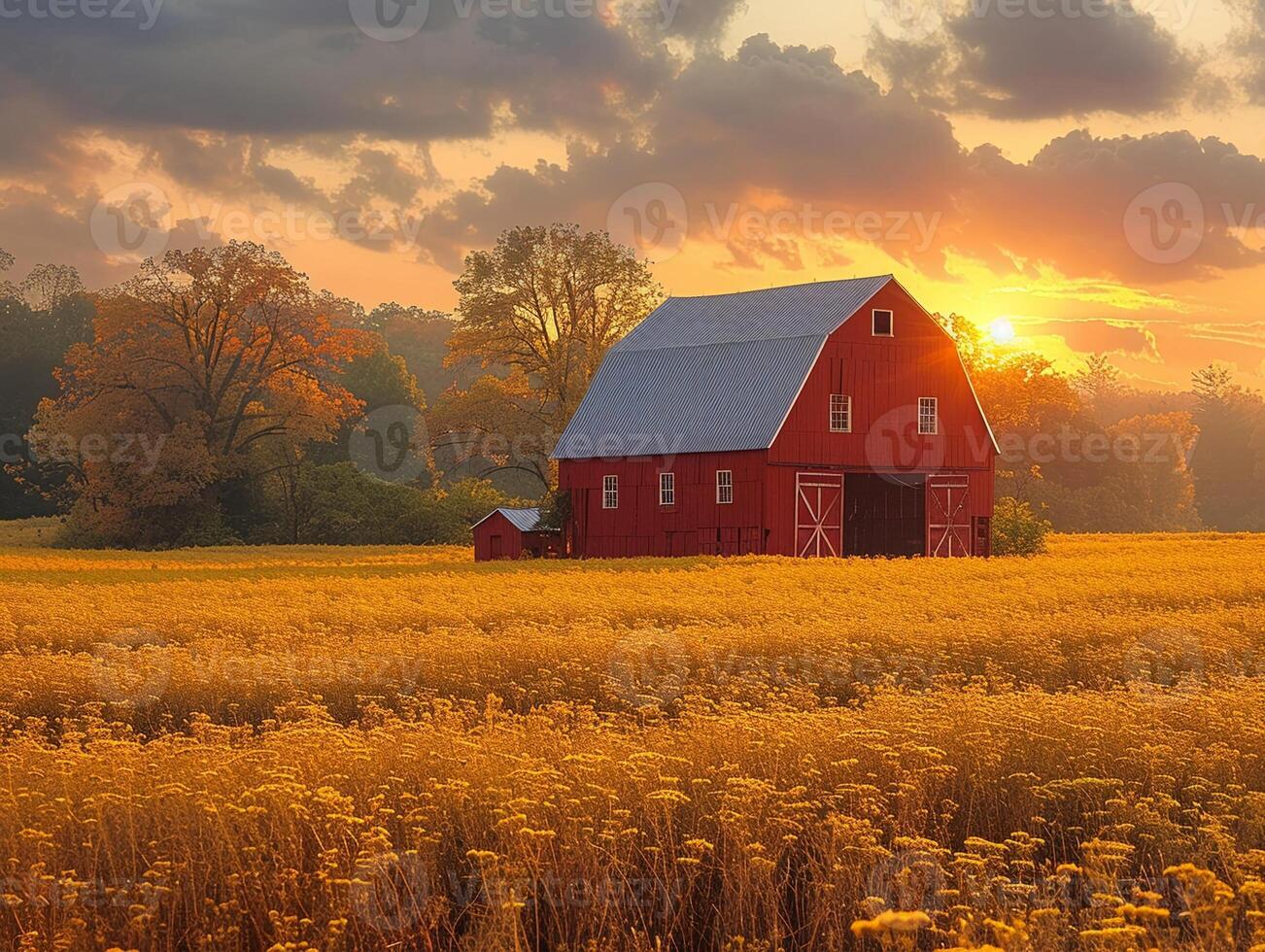 ai generado rústico granero en un dorado campo a puesta de sol foto