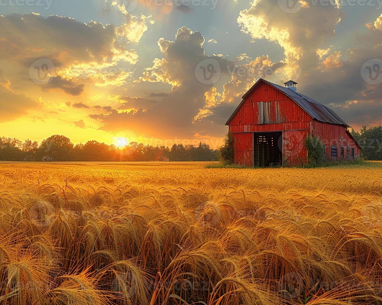 ai generado rústico granero en un dorado campo a puesta de sol foto