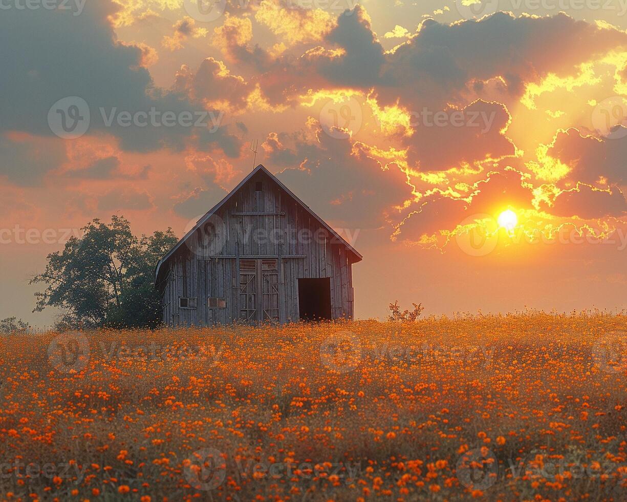 AI Generated Rustic barn in a golden field at sunset photo