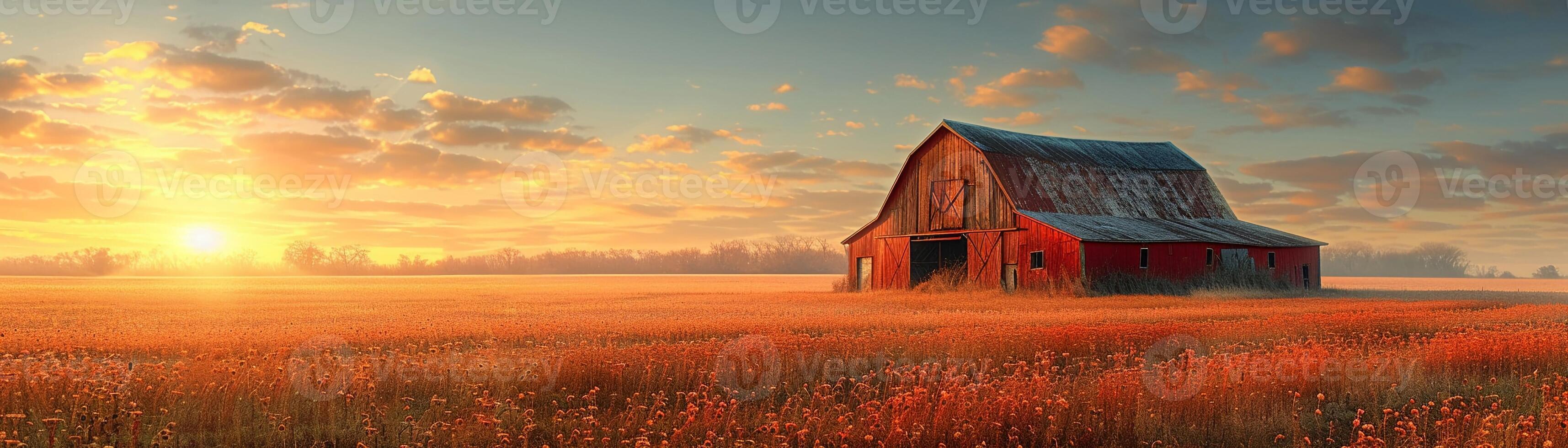 ai generado rústico granero en un dorado campo a puesta de sol foto