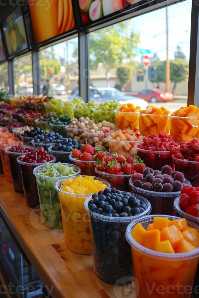 ai generado zalamero bar mezclas salud con sabor en negocio de nutritivo merienda foto