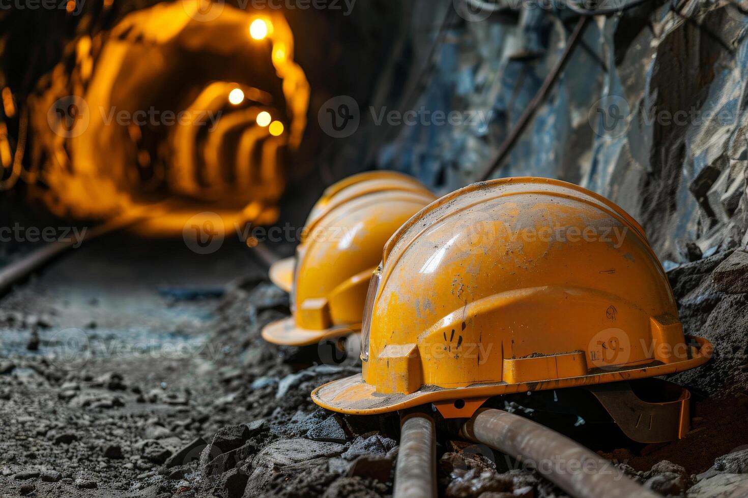 AI generated Yellow miners safety helmet on the coal mining background.ai generative photo