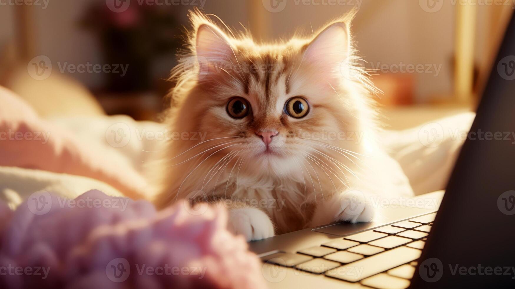 AI generated Cute cat in close up sitting with laptop. Online work and schooling. Generative AI photo