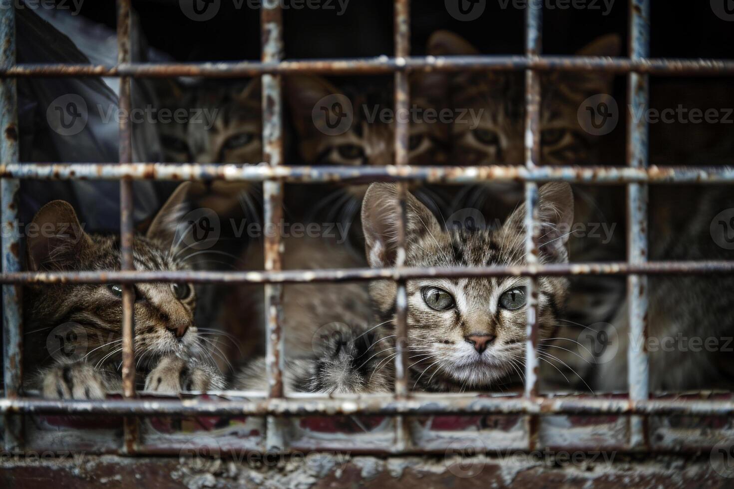 AI generated close up Sad cats caught in cage. Generative AI photo