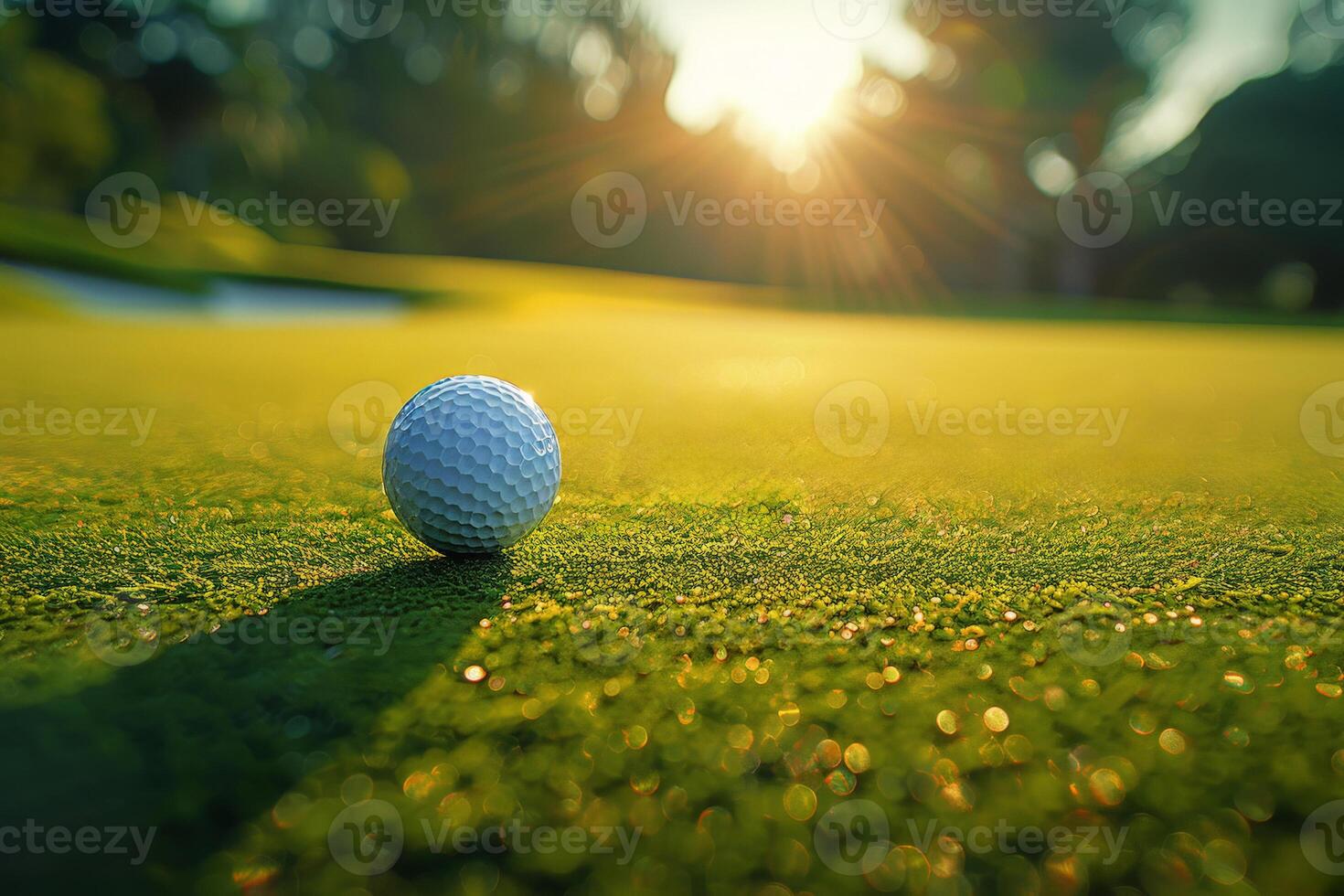 AI generated Golf ball on green grass on blurred sunset golf course landscape background. . Generation ai photo