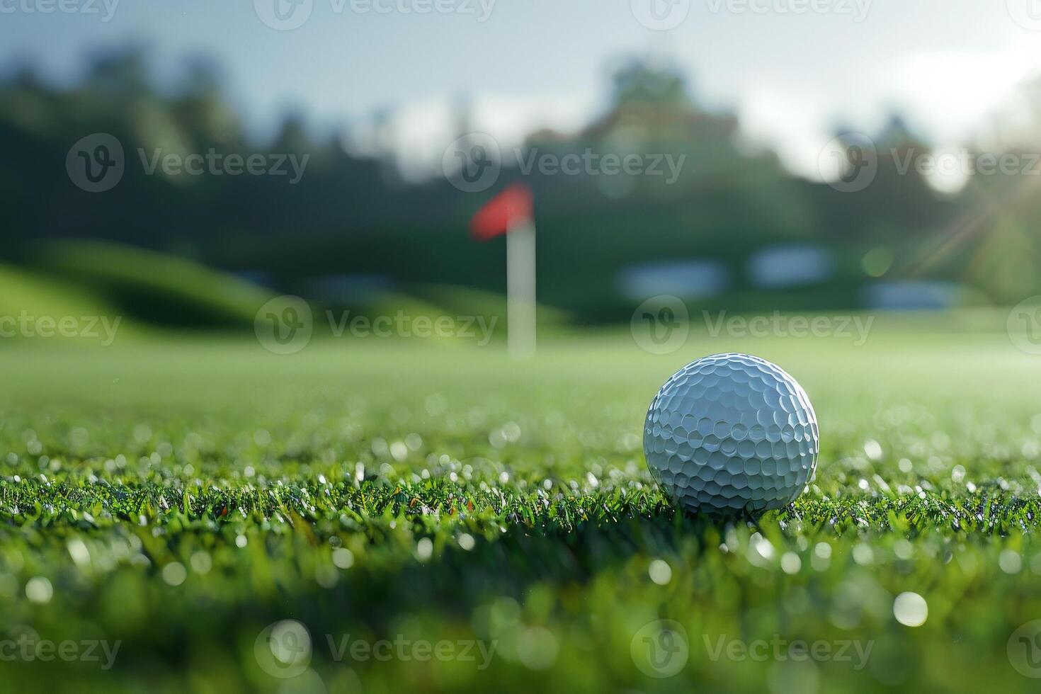 AI generated Golf ball on green grass on blurred sunset golf course landscape background. . Generation ai photo