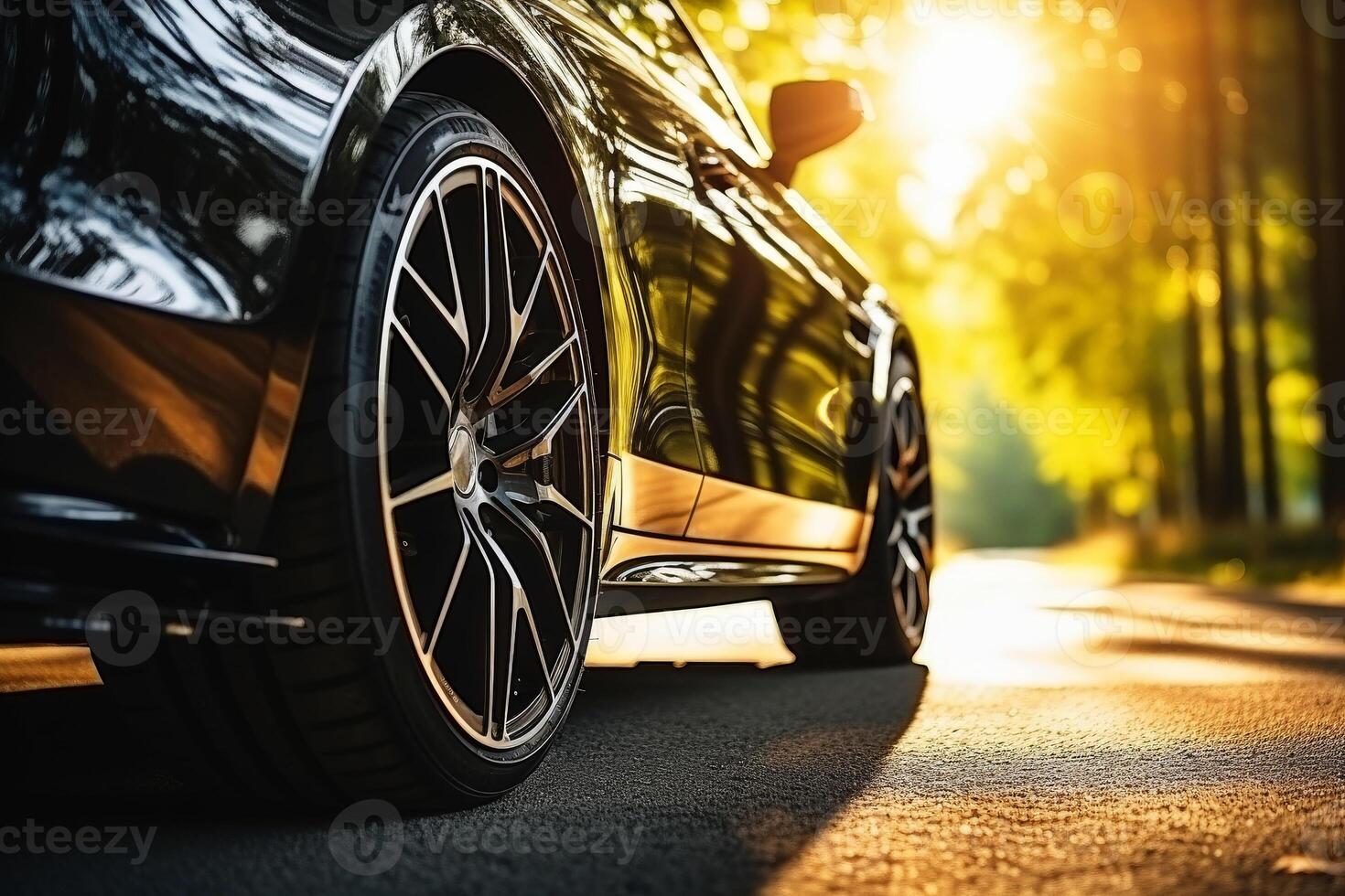 AI generated close up tire car in sunset on road, Group of new tires for sale in a tire shop. Generative Ai photo