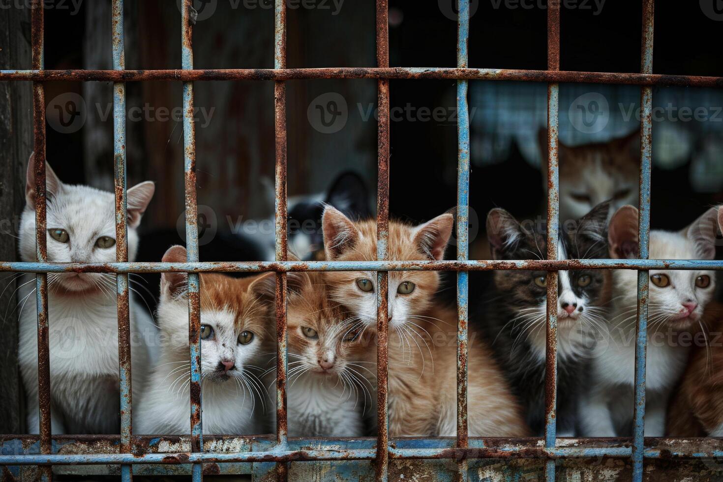 AI generated close up Sad cats caught in cage. Generative AI photo