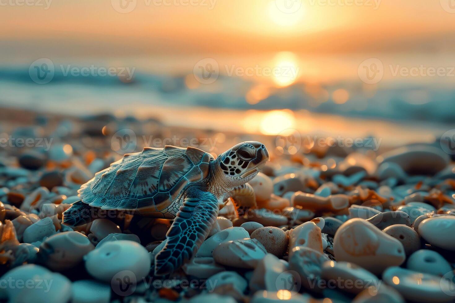 ai generado pequeño Tortuga en un playa en Mañana . ai generativo. foto