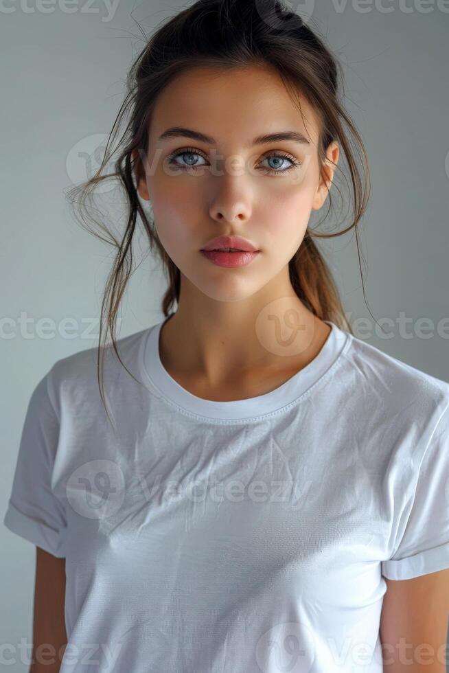 AI generated Woman in white T-shirt on isolated background Mockup. generative ai photo