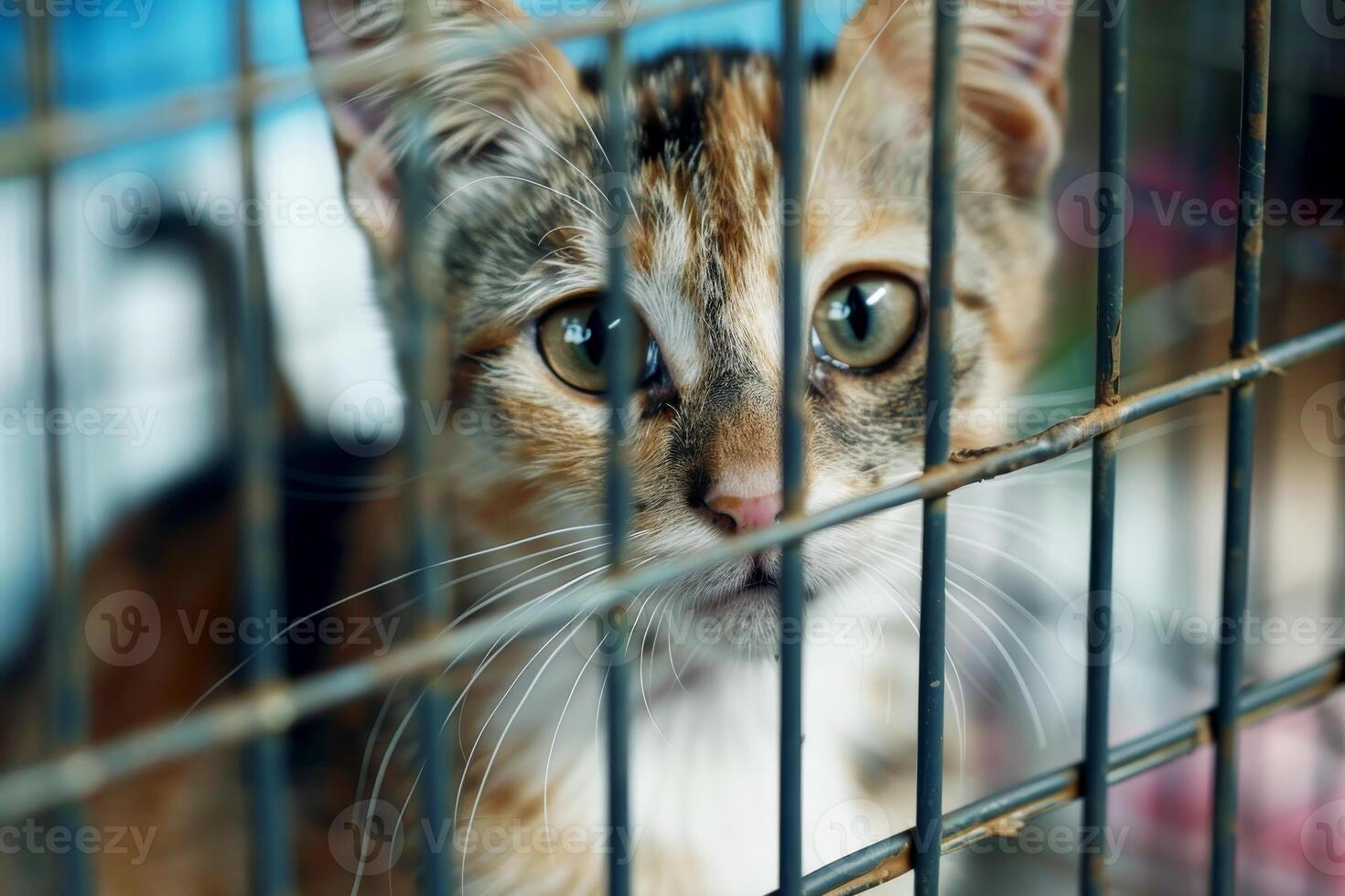 AI generated close up Sad cat caught in cage. Generative AI photo