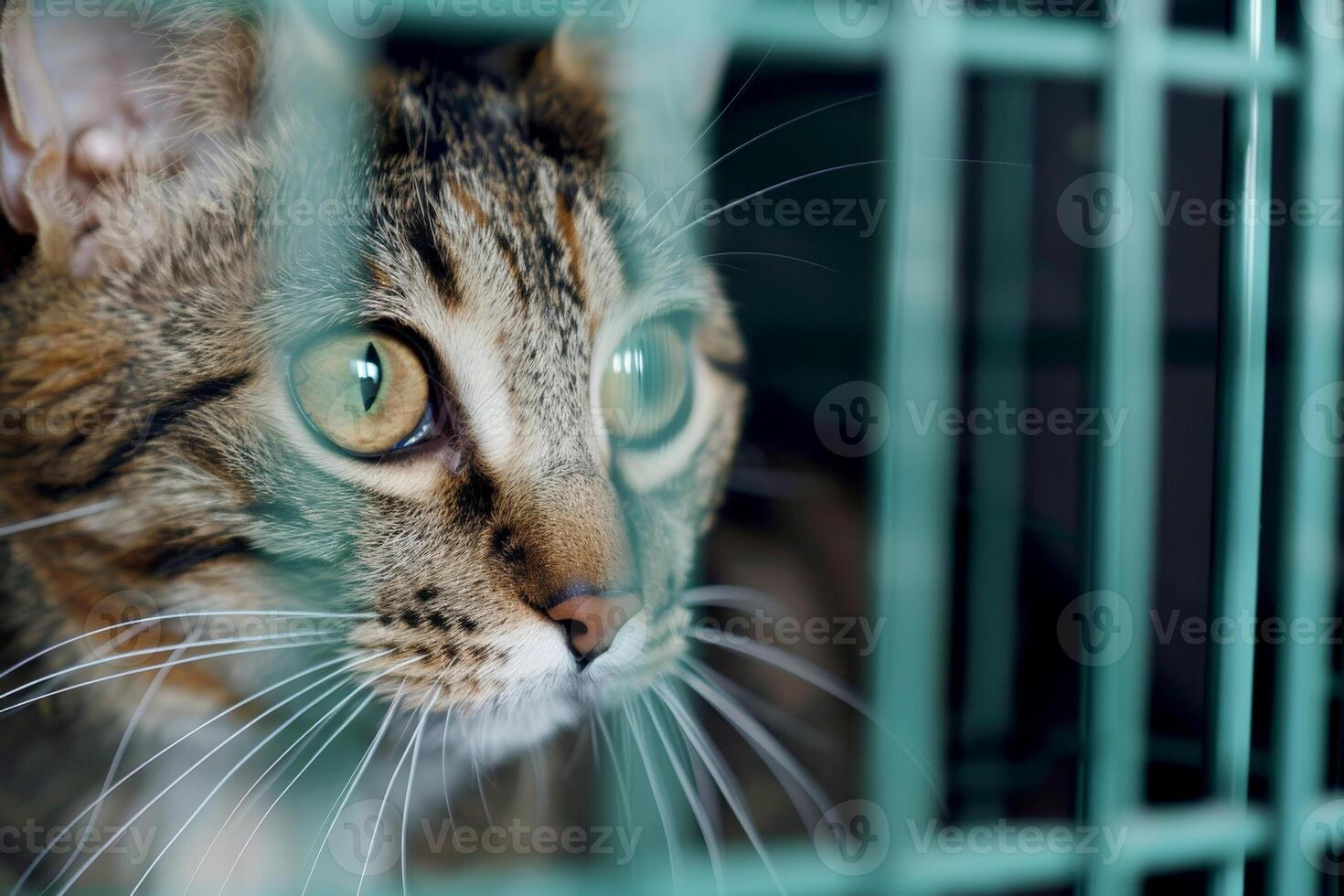 AI generated close up Sad cat caught in cage. Generative AI photo