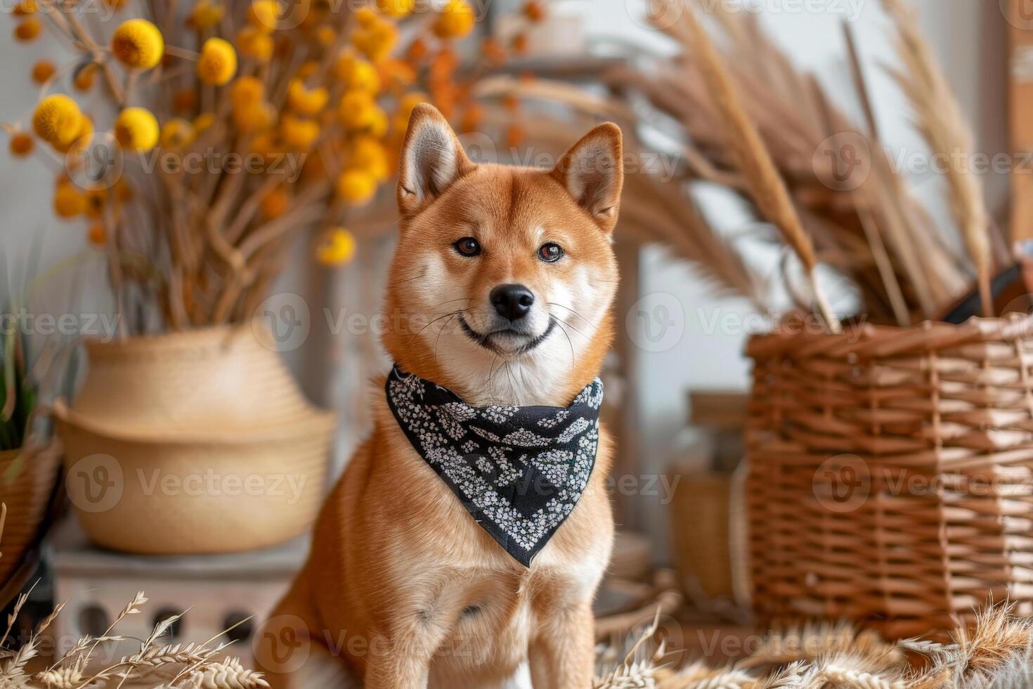 AI generated Shiba inu Dog sitting with a Bandana for Mock Up . generative ai photo