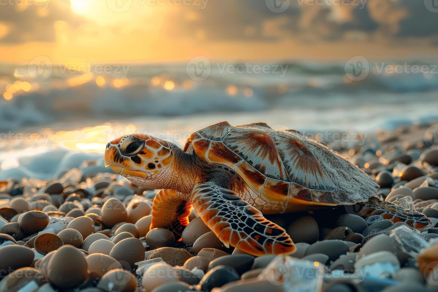 ai generado pequeño Tortuga en un playa en Mañana . ai generativo. foto