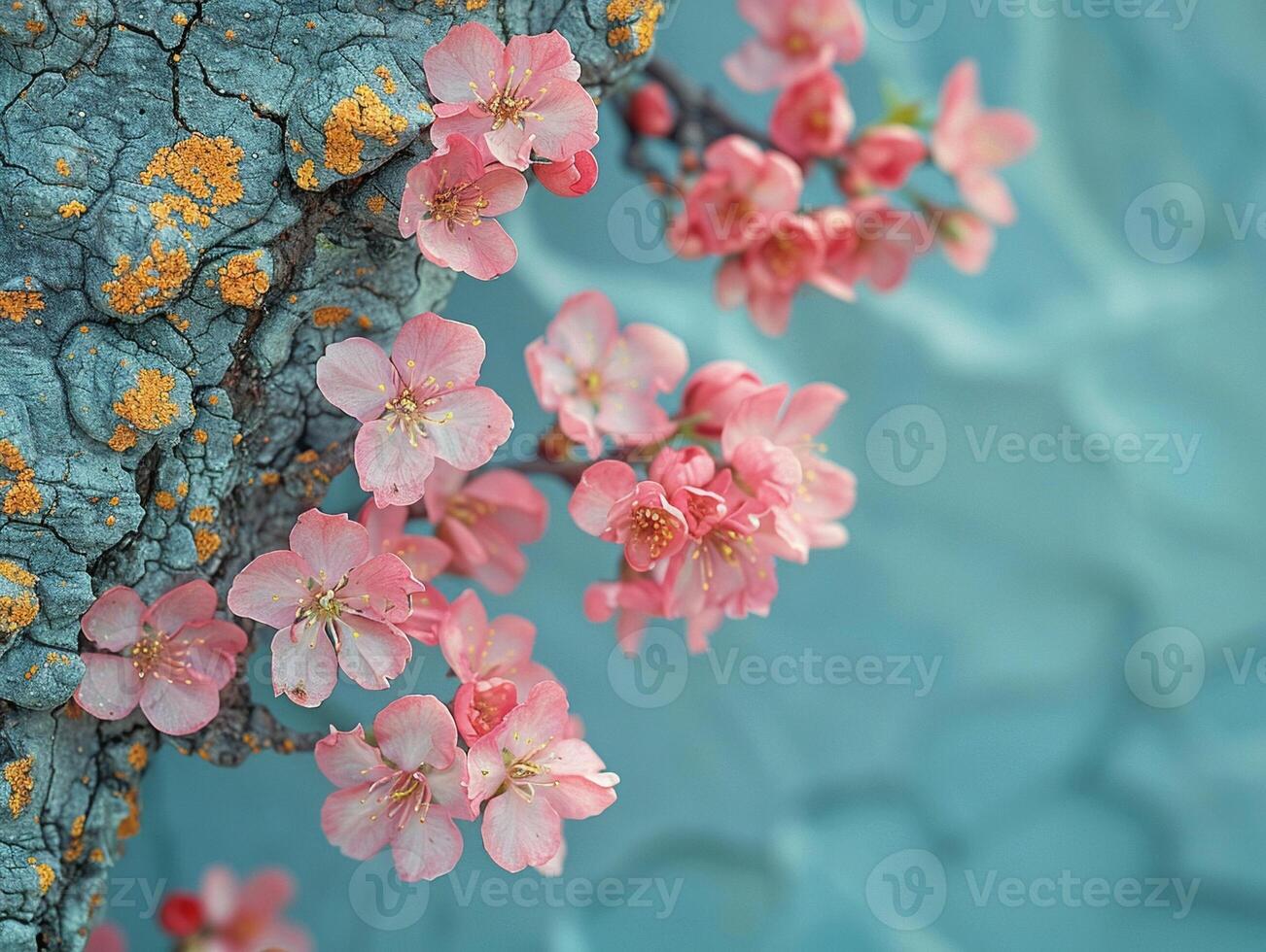 AI Generated Blooming cherry blossoms against blue sky ideal for spring and floral themes. Rough bark texture of an old tree photo