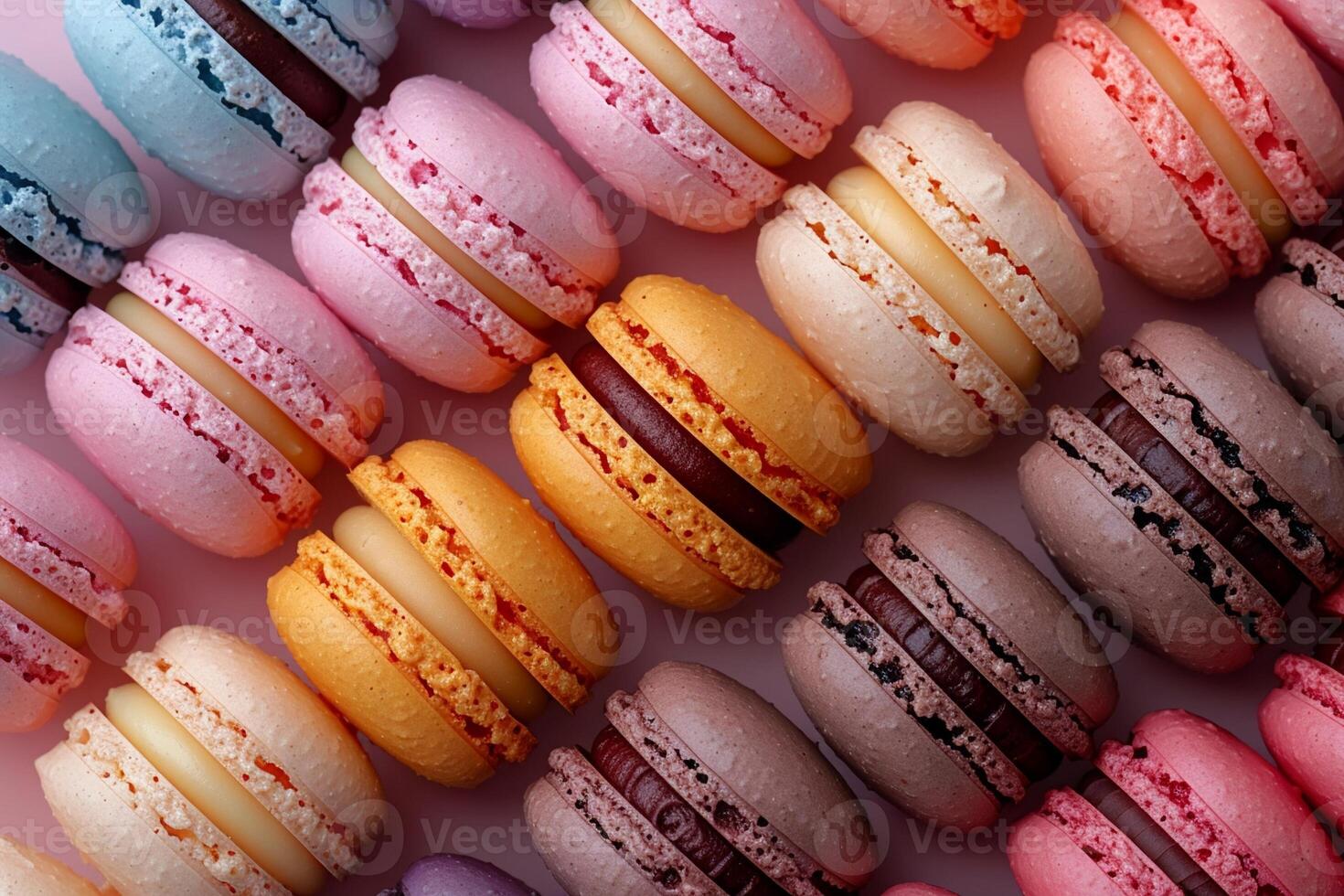 AI Generated Close-up of colorful macarons arranged in a pattern photo