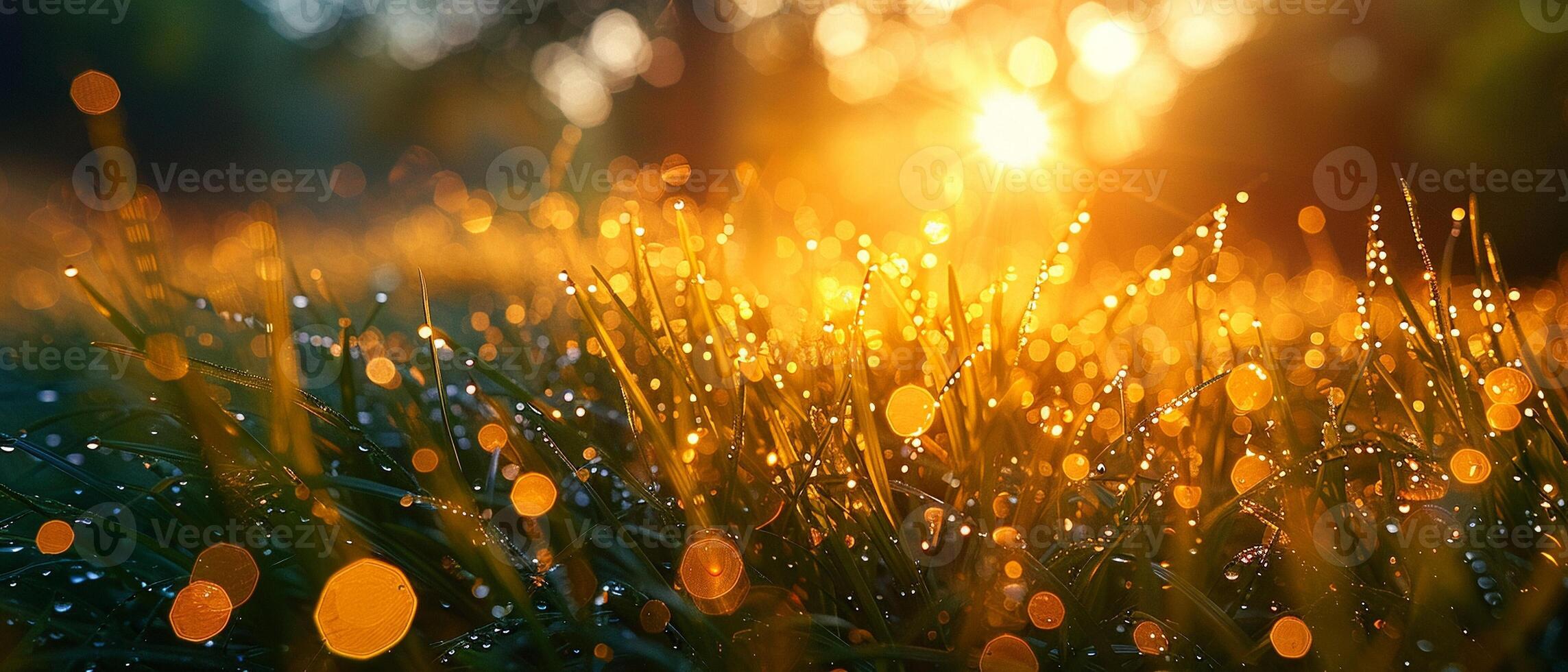 AI Generated Close-up of dewy grass sparkling in the morning sun photo