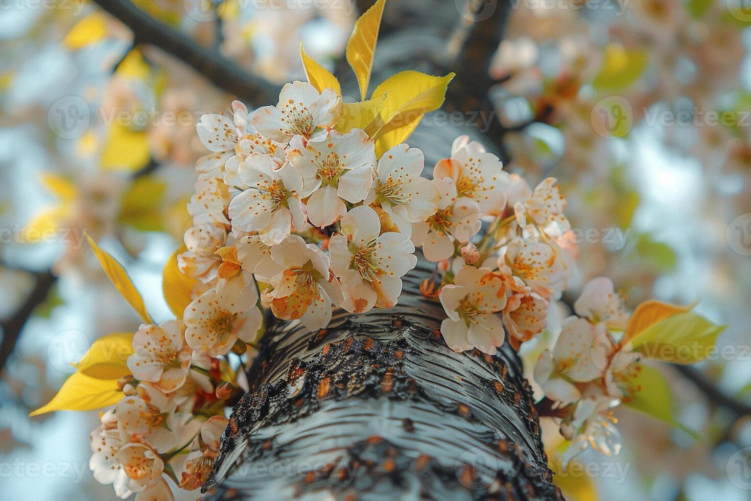 AI Generated Blooming cherry blossoms against blue sky ideal for spring and floral themes. Rough bark texture of an old tree photo