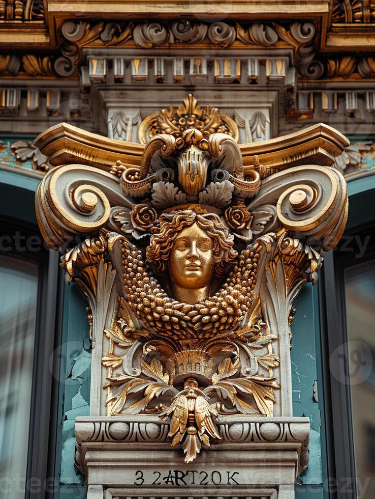 AI Generated Close-up of intricate architectural details on a historic facade photo