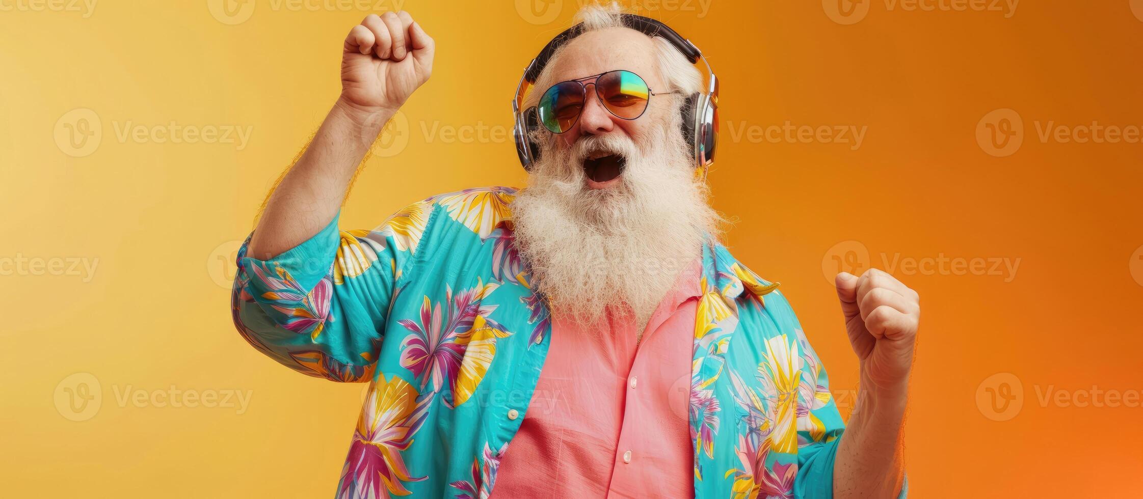 AI generated Old man in Hawaiian shirt sunglasses and headphones listens to music sings and dances photo