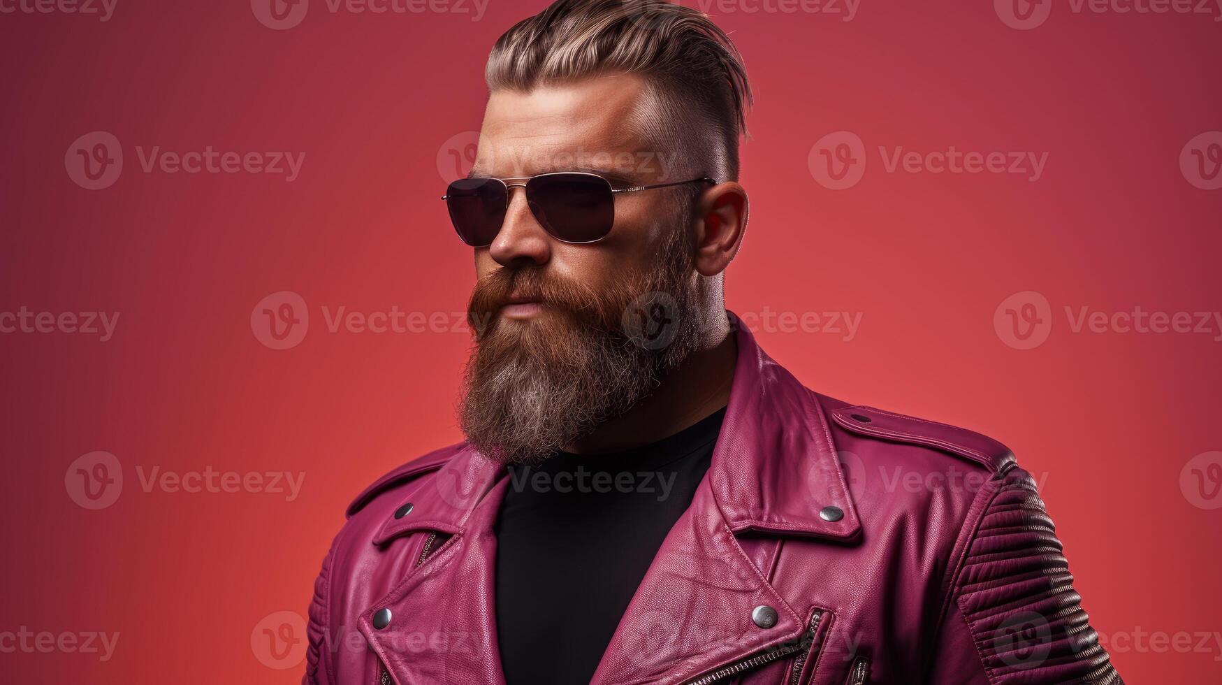 ai generado de moda brutal hombre con un barba en Gafas de sol y un rosado cuero chaqueta en rojo antecedentes. elegancia y masculinidad concepto foto