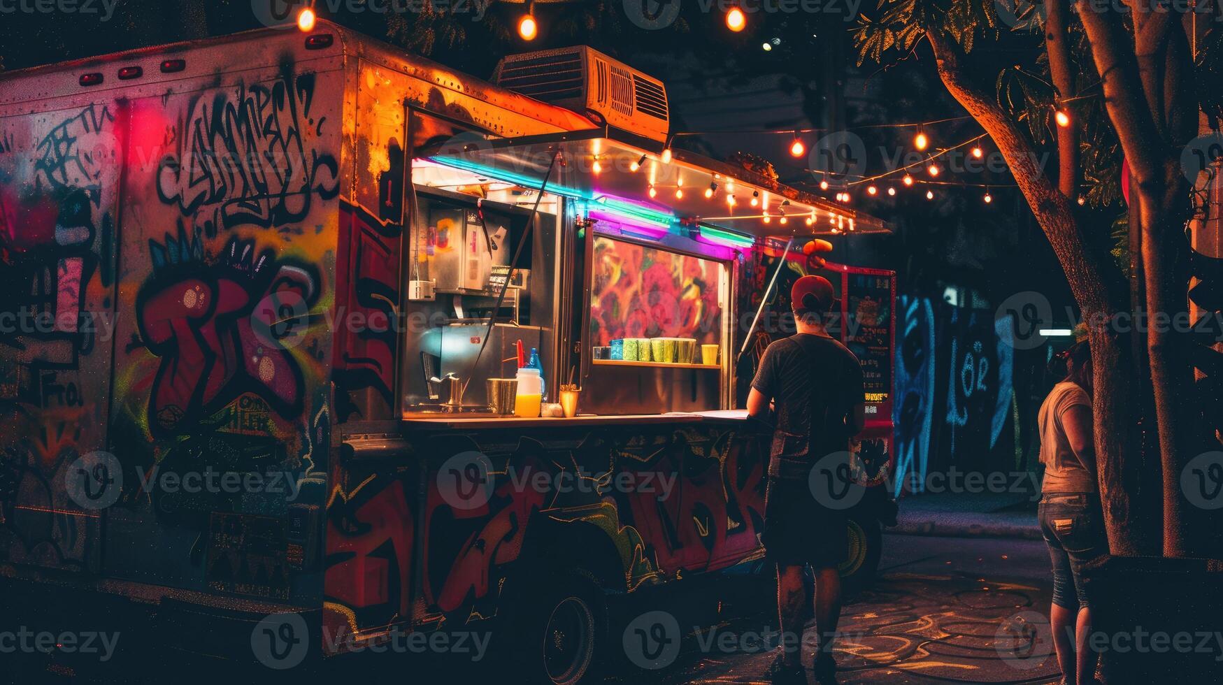 AI generated Taco street food truck. Van with urban vibe, graffiti, string lights dark evening photo