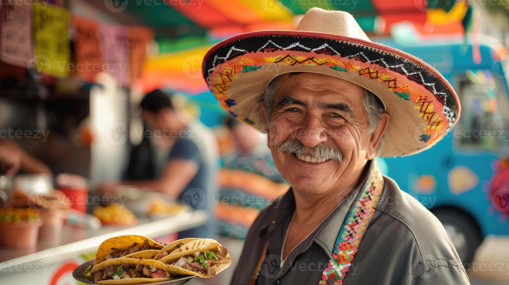 AI generated Middle aged man in sombrero holding plate with tacos and smiling on the street photo