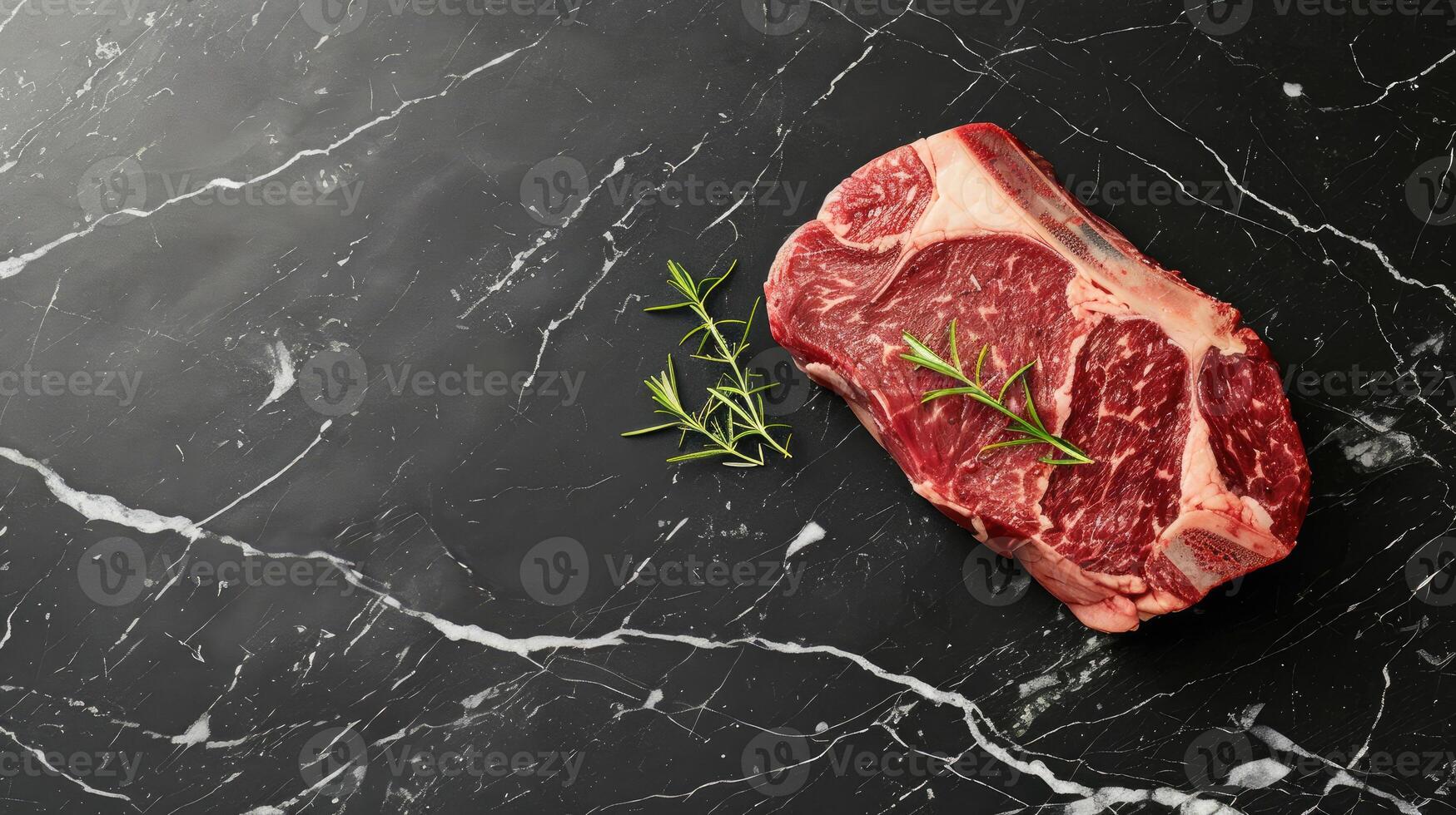 AI generated Dressed marble beef cut with sprig of rosemary on minimal black background photo