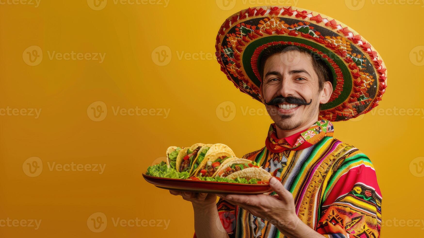 AI generated Smiling Mexican man in sombrero holding plate of tacos in hands photo